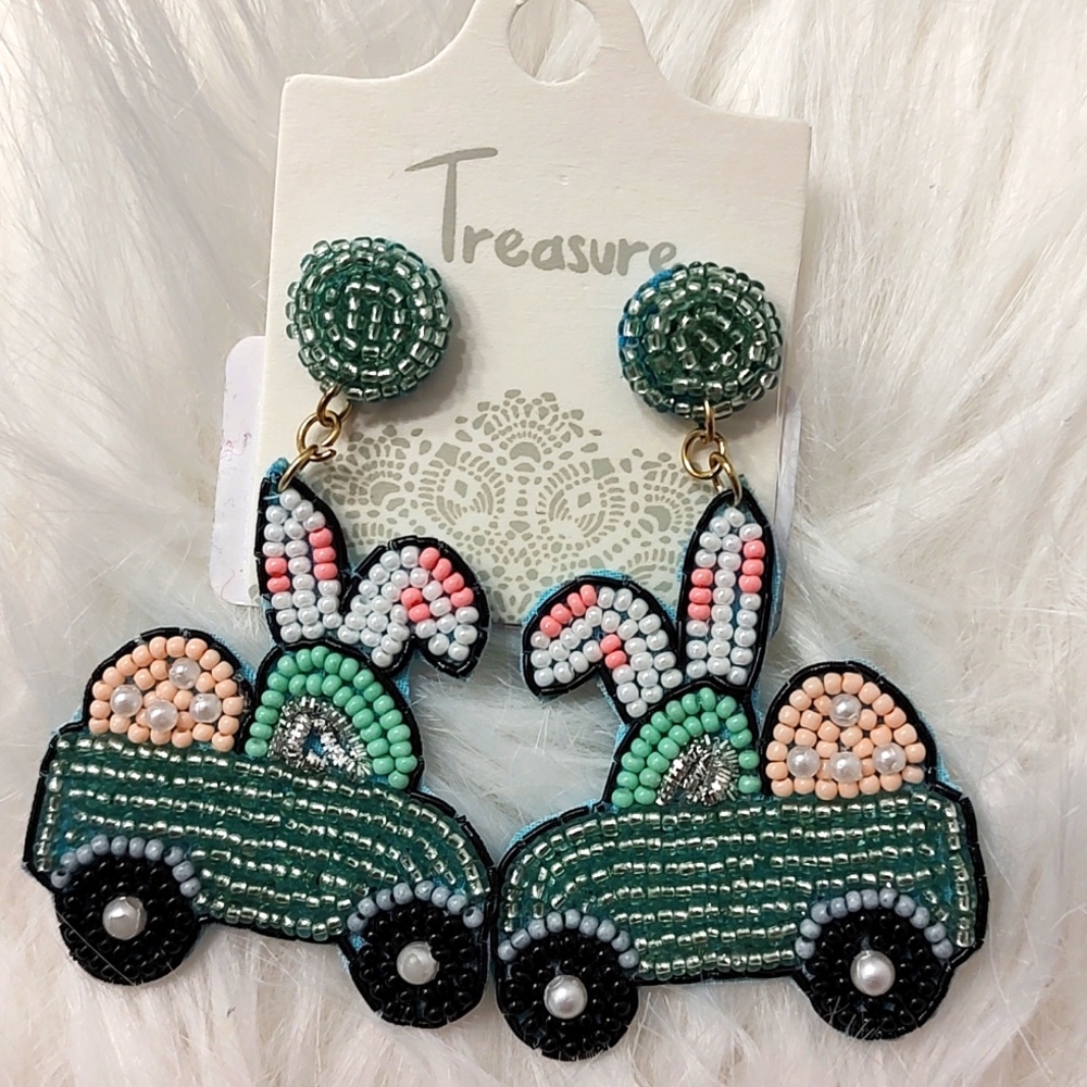 💞NWT Treasure Brand Ladies/Teens Beaded Easter Bunny 🐇 Truck Earrings, Adorabl